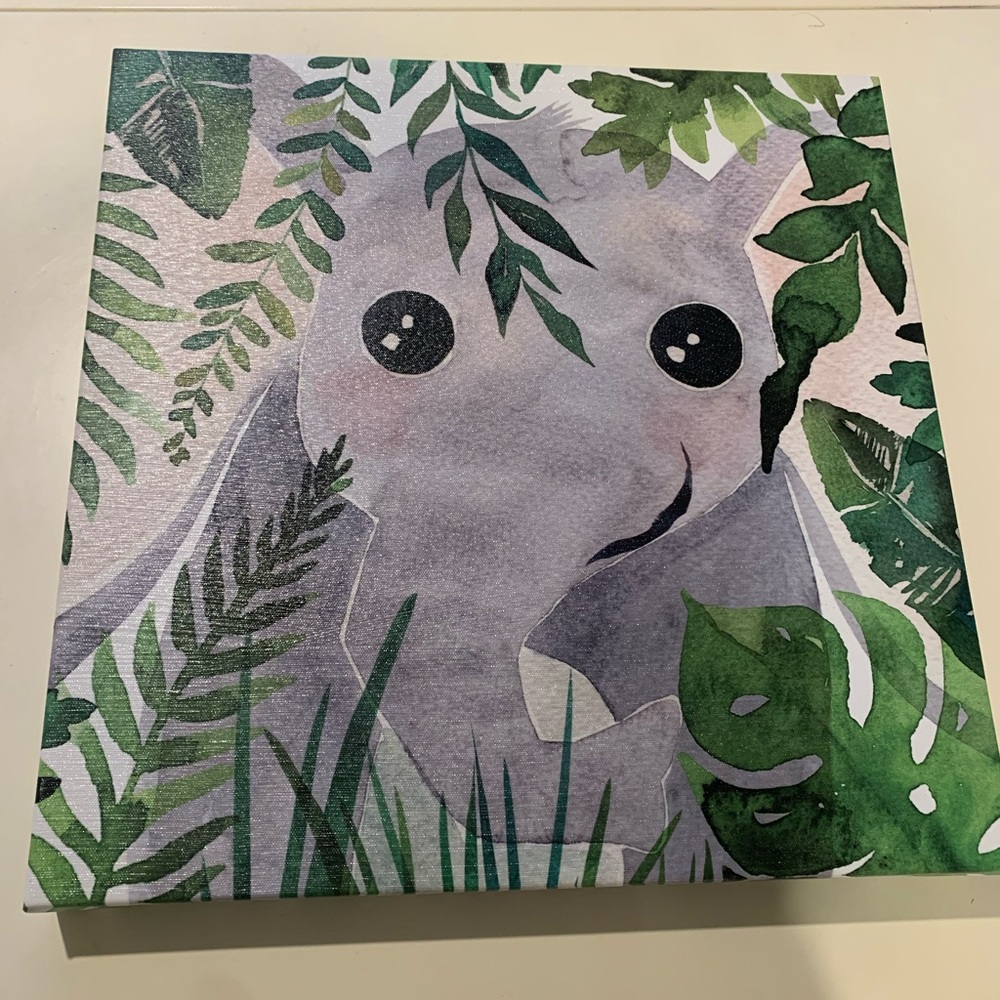 Cute Elephant Canvas Art with Green Leaves